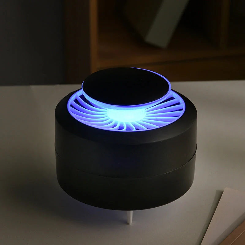 USB Electronic LED Mosquito Repellent Lamp in black and white, featuring escape-proof cage and removable tray