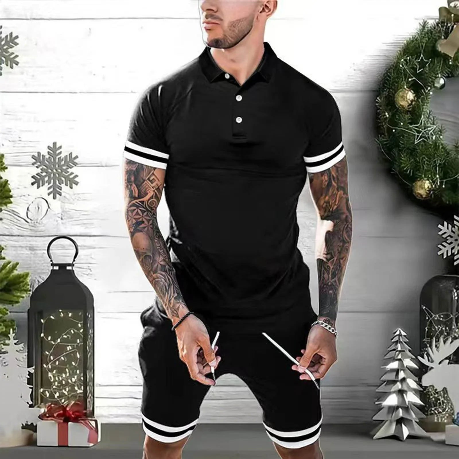 Men's 2-piece polo shirt and shorts outfit in various colors, including green, white, black, gray, navy blue, and blue