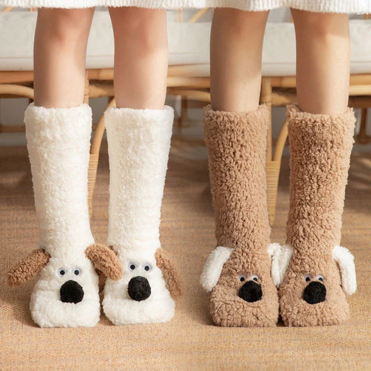 Cozy cartoon dog-patterned floor socks in various colors for comfortable winter wear