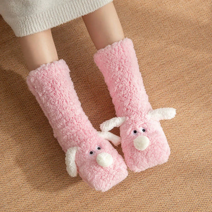 Cozy cartoon dog-patterned floor socks in various colors for comfortable winter wear
