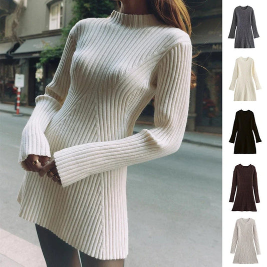 Stylish ribbed knitted dress for women in various colours, featuring a slim fit and stand-up collar.
