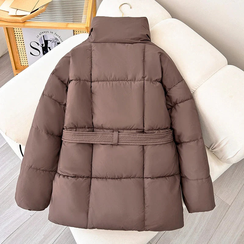 Winter plaid sewing lapel coat with lace-up design for women in black, white, and coffee