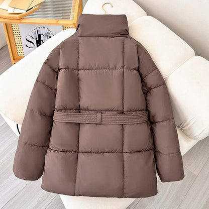 Winter plaid sewing lapel coat with lace-up design for women in black, white, and coffee