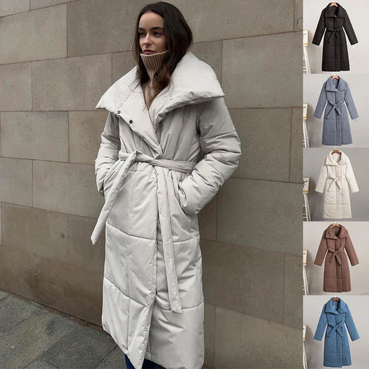 Women's winter warm cotton jacket with large lapel and lace-up design in various colours