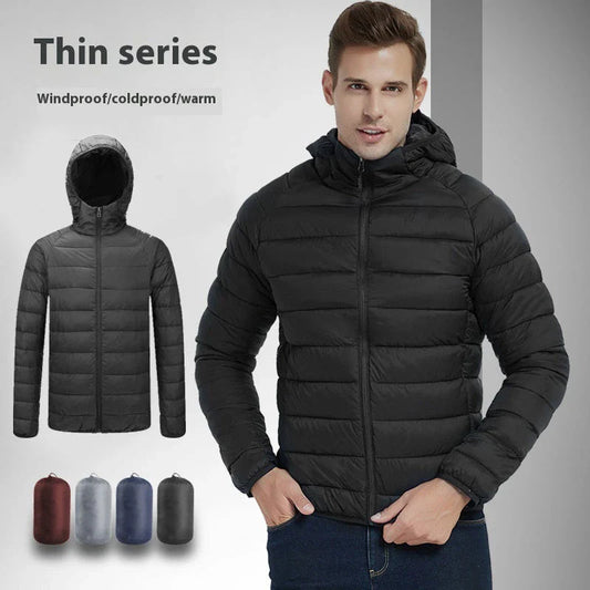 Men's insulated hooded jacket in various colors and styles with adjustable hood and zippered pockets