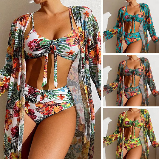 Women's plus size long blouse split bikini suit in vibrant colours