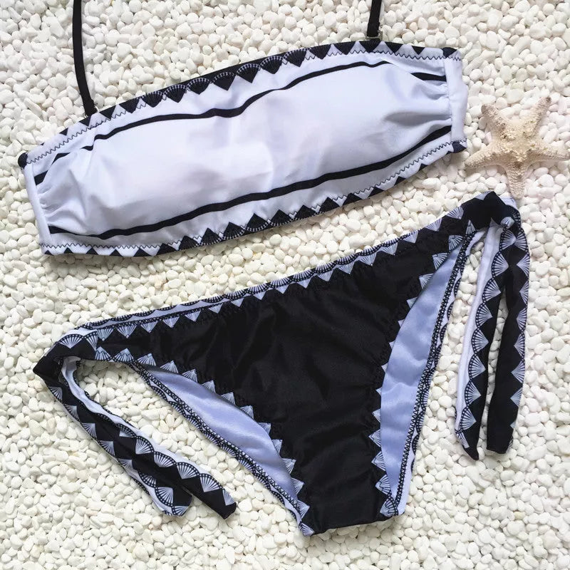 Women's strapless bikini set with tie-side bottoms in durable polyester blend