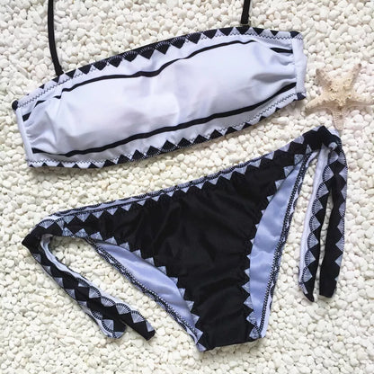 Women's strapless bikini set with tie-side bottoms in durable polyester blend