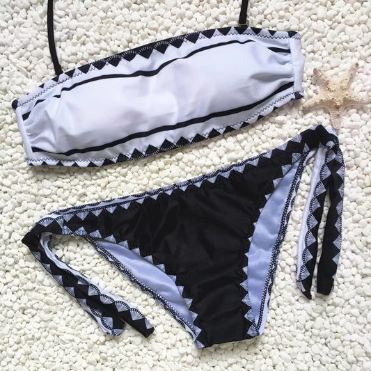 Women's strapless bikini set with tie-side bottoms in durable polyester blend