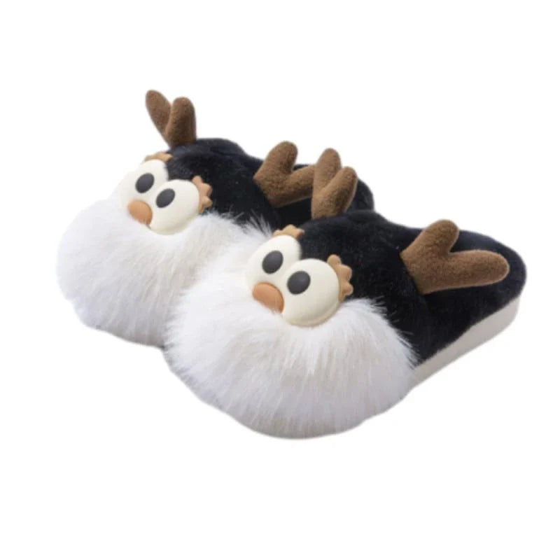 Cozy cartoon deer print slippers with plush lining and half-covered heel design for indoor comfort and warmth