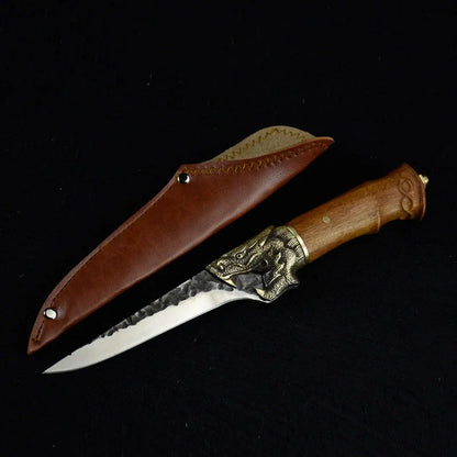 Hand-forged slicing knife with rosewood handle and pure copper guard