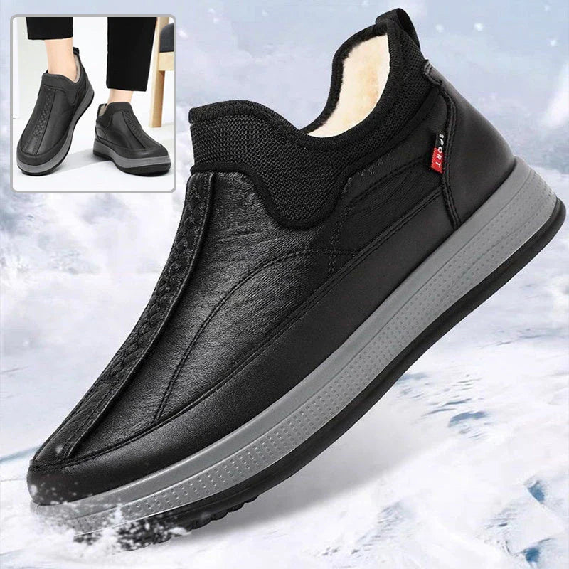 Cozy winter snow boots with round-toe design, non-slip platform, and warm fleece lining in black and grey colors