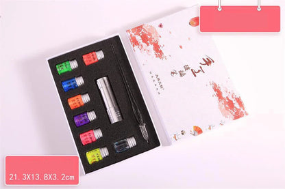Fluorescent fountain pen dip ink set with eight glow-in-the-dark colours