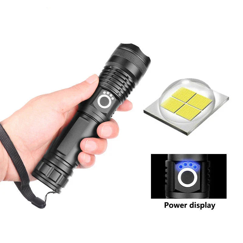 A durable, waterproof USB rechargeable flashlight with adjustable zoom and powerful LED light.