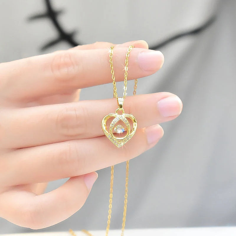 Heart-shaped rhinestone clavicle chain necklace in gold, silver, and blue