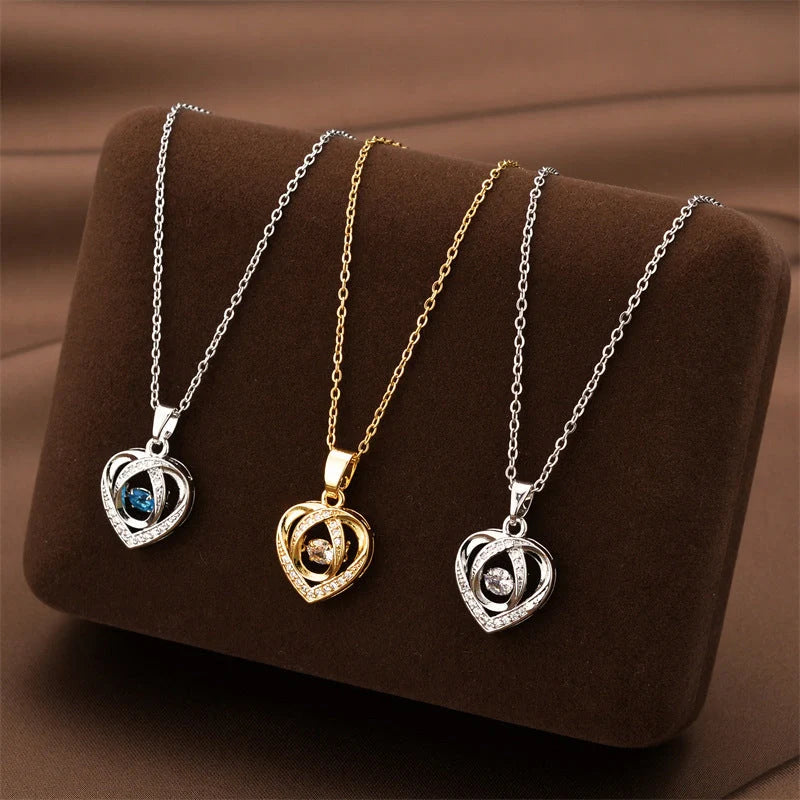 Heart-shaped rhinestone clavicle chain necklace in gold, silver, and blue