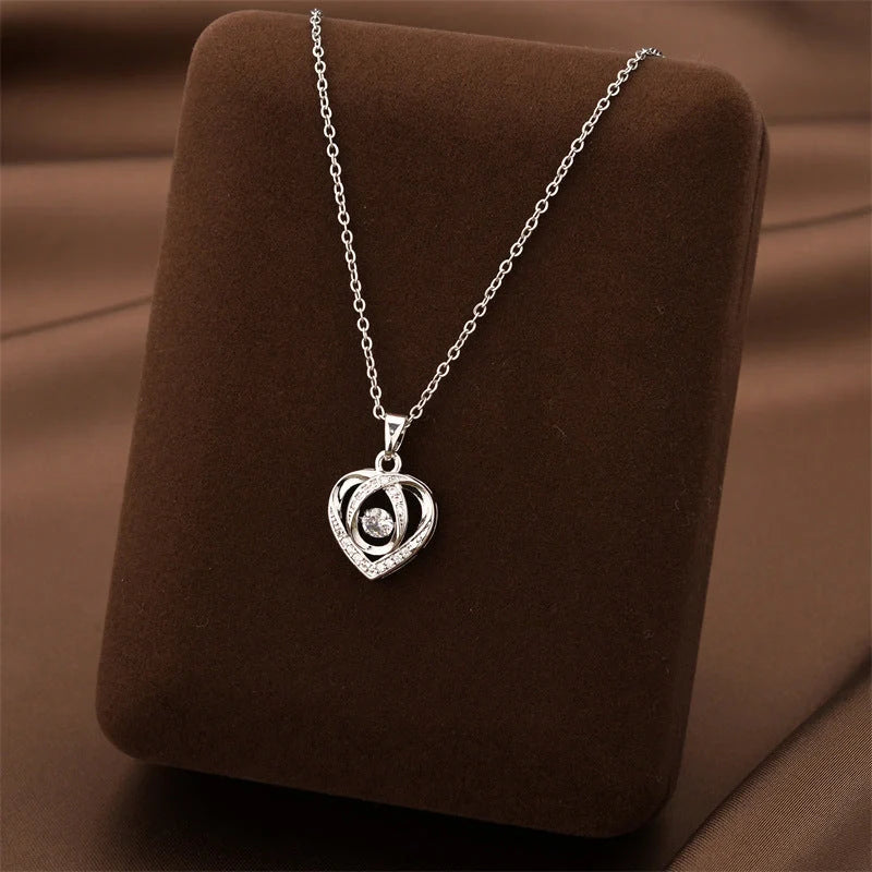 Heart-shaped rhinestone clavicle chain necklace in gold, silver, and blue