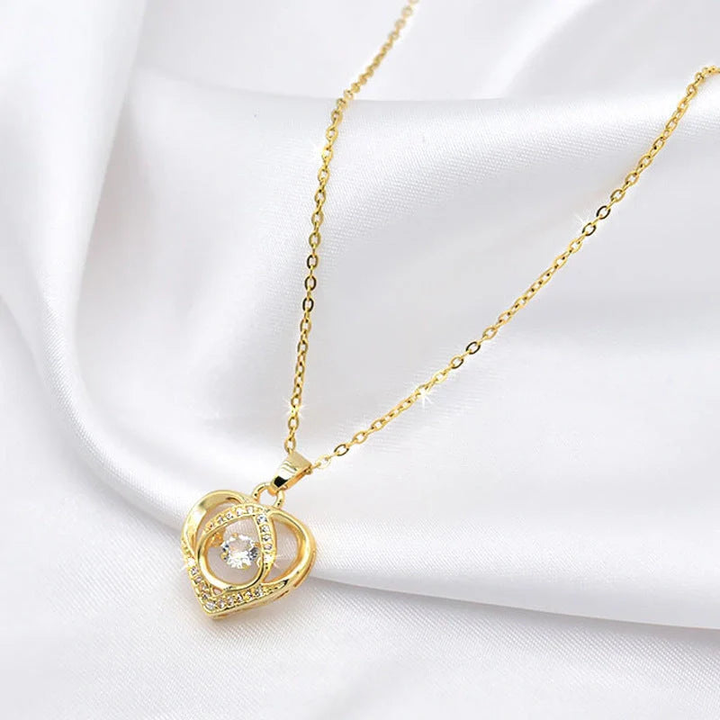 Heart-shaped rhinestone clavicle chain necklace in gold, silver, and blue