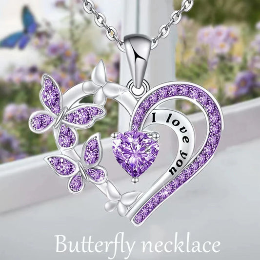 Butterfly Love Necklace with rhinestones and hollow heart-shaped pendant in white, purple, or pink