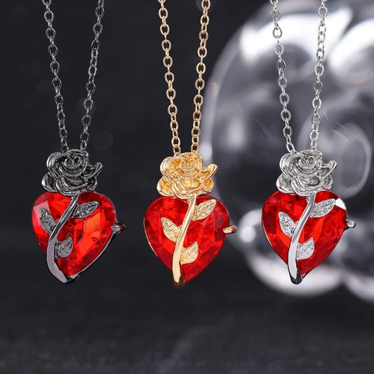 Punk Rose Love Necklace with heart-shaped clavicle chain pendant in black, gold, and silver.