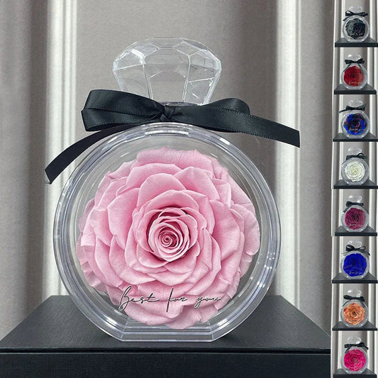 Preserved Rose Flower Ornaments in various colors, including red, pink, plum, and sapphire blue, displayed in a stylish gift box.