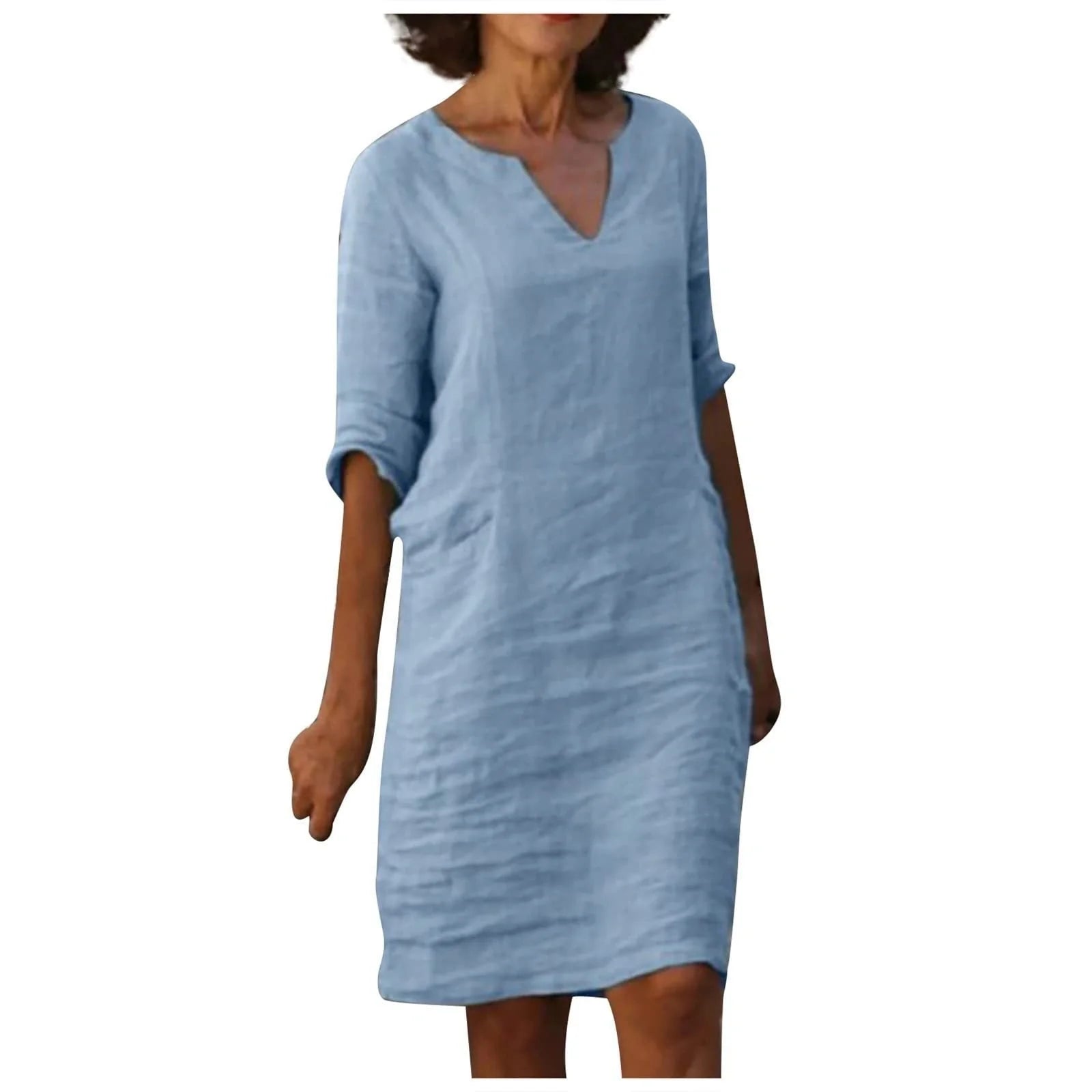 Retro high waist cotton-linen V-neck dress in various colours