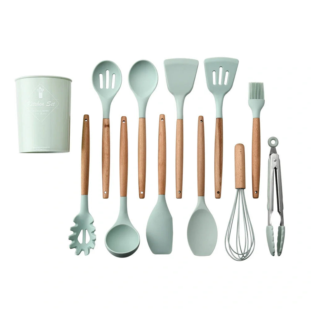 Silicone kitchenware set with wooden handles in various colors and styles, perfect for cooking, baking, and serving