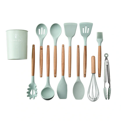 Silicone kitchenware set with wooden handles in various colors and styles, perfect for cooking, baking, and serving