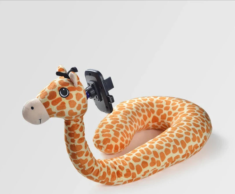 Cozy U-Shaped Pillow with Built-In Phone Holder in various colors, including Red Flamingo, Pink Unicorn, Orange Giraffe, Gray Snake, and Lagoon Dinosaur