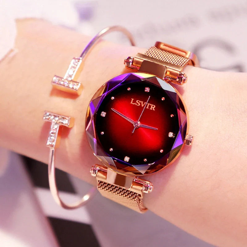 Elegant rose gold ladies' watch with diamond accents on a magnet strap