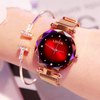 Elegant rose gold ladies' watch with diamond accents on a magnet strap