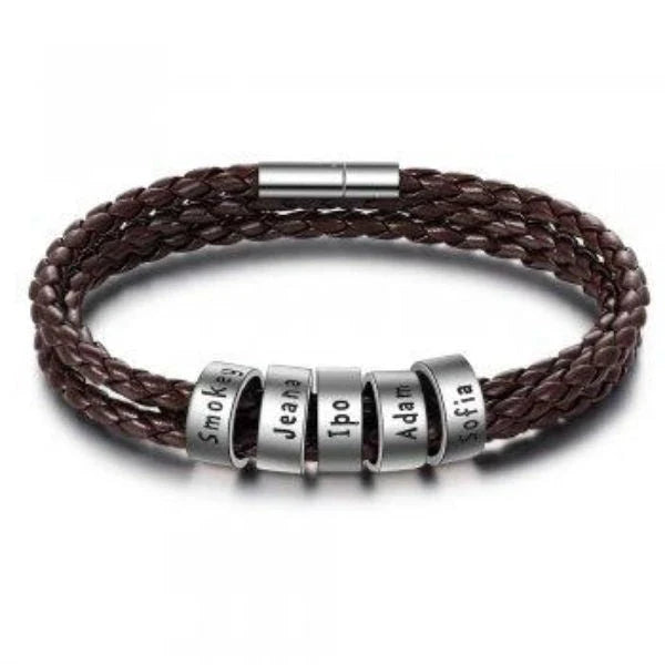 Personalized Leather Bracelet with Engraved Name Charm in Black and Brown Colors