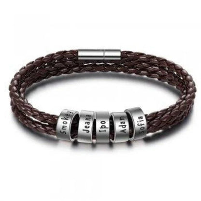 Personalized Leather Bracelet with Engraved Name Charm in Black and Brown Colors