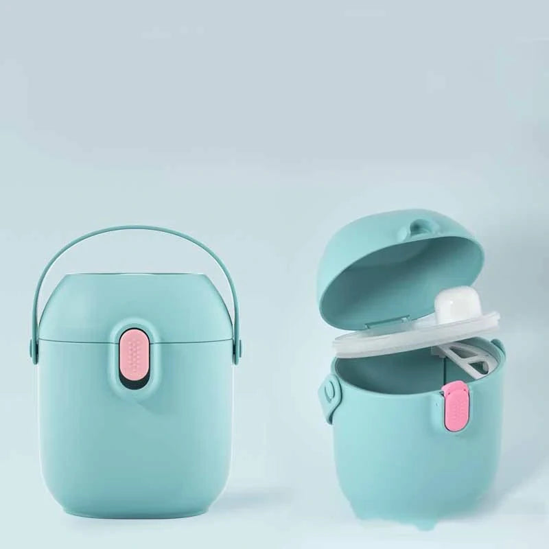 Large airtight baby milk powder storage container with scoop in peacock blue, olive green, and rouge powder