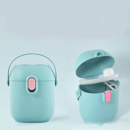 Large airtight baby milk powder storage container with scoop in peacock blue, olive green, and rouge powder