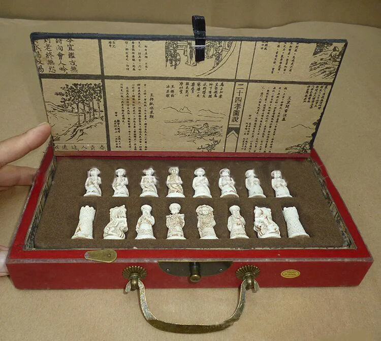 Handcrafted antique terracotta chess set with folding wooden board