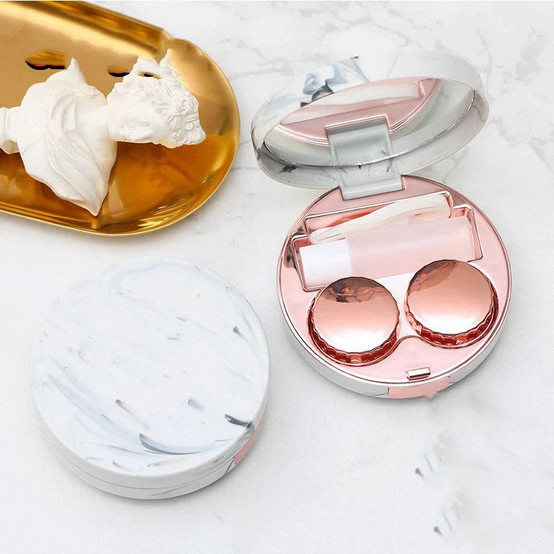 Square marble design contact lens case with mirror and accessories