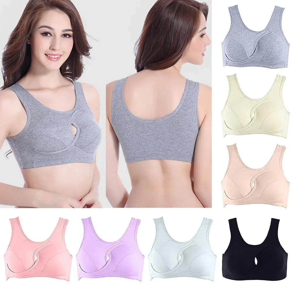 Supportive cotton sports bra with crossover design for lift and support, preventing sagging and bra lines