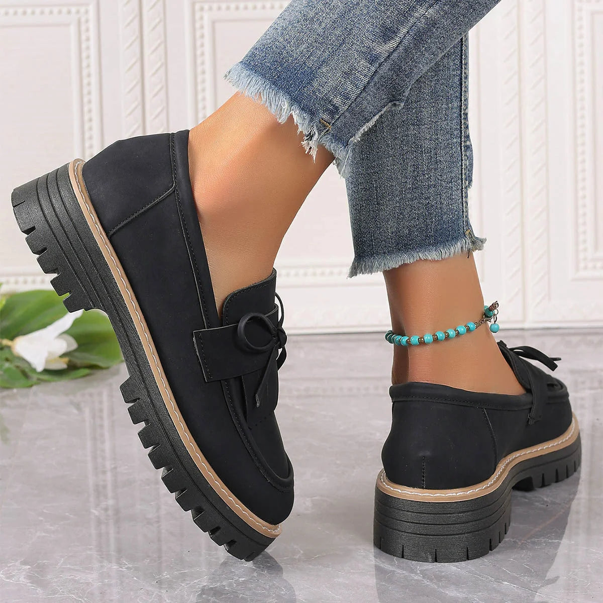 British style buckle loafers for women with thick soles in black and brown