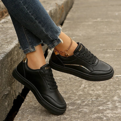 Stylish white lace-up flats for women with thick sole and round toe design