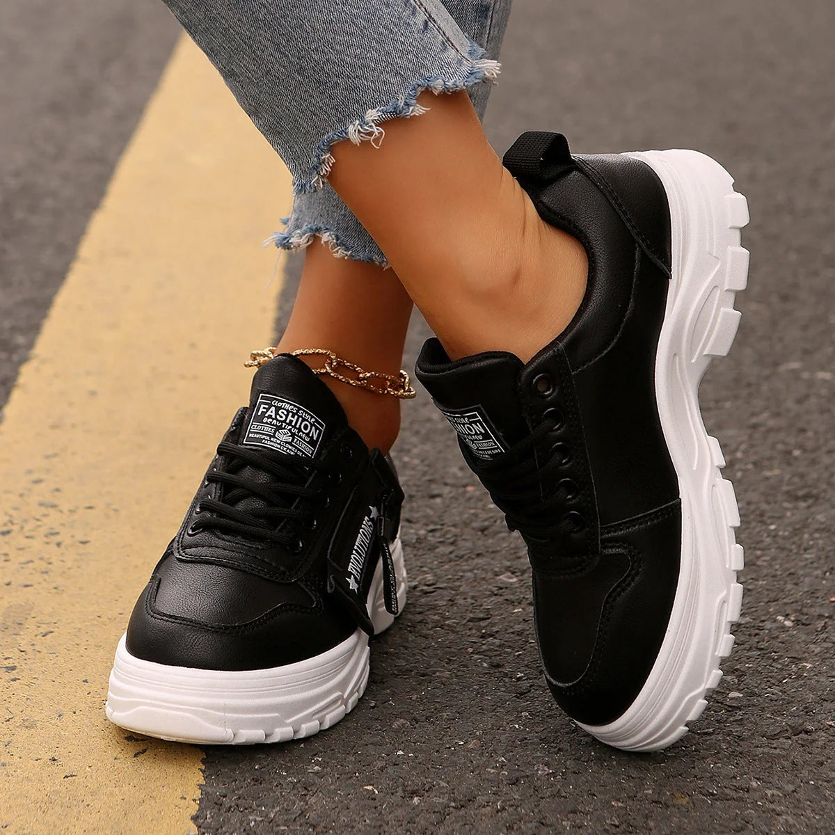 Women's lace-up sports sneakers with side-zipper in white, black, and cream white