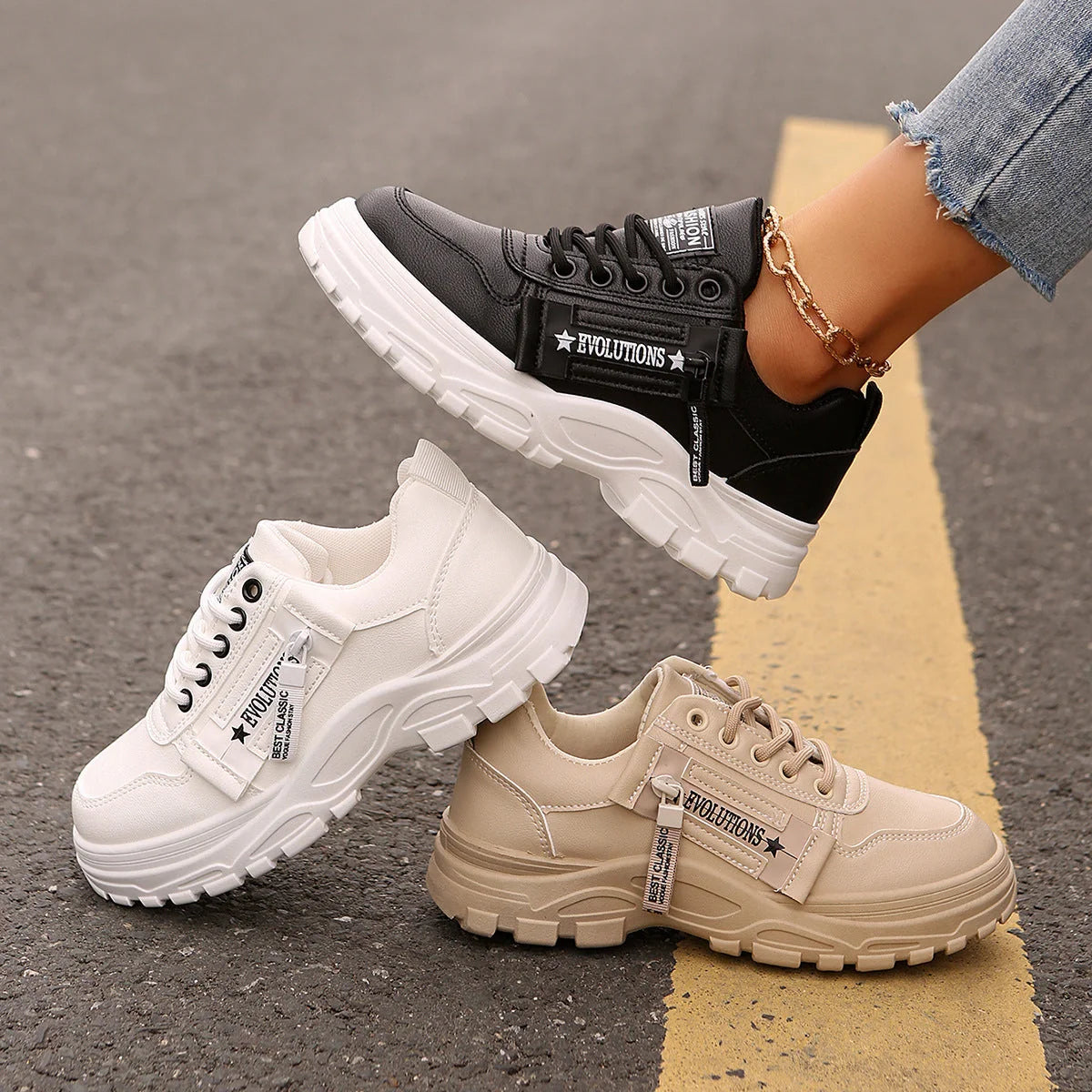 Women's lace-up sports sneakers with side-zipper in white, black, and cream white