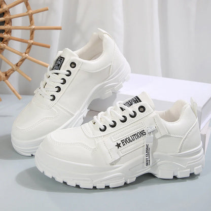 Women's lace-up sports sneakers with side-zipper in white, black, and cream white