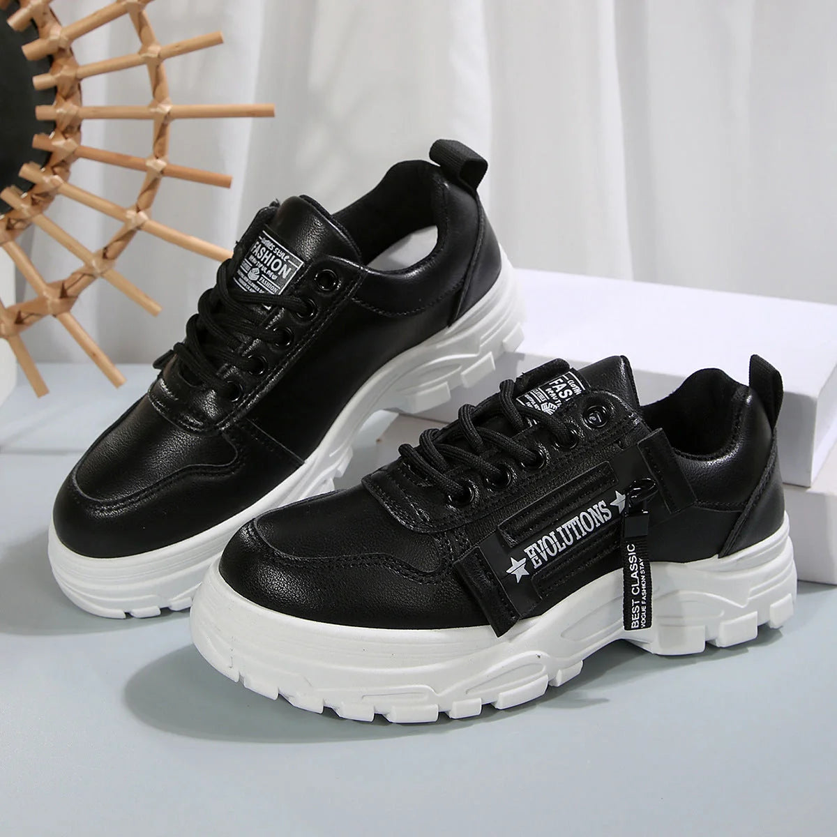 Women's lace-up sports sneakers with side-zipper in white, black, and cream white