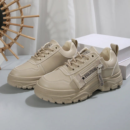 Women's lace-up sports sneakers with side-zipper in white, black, and cream white