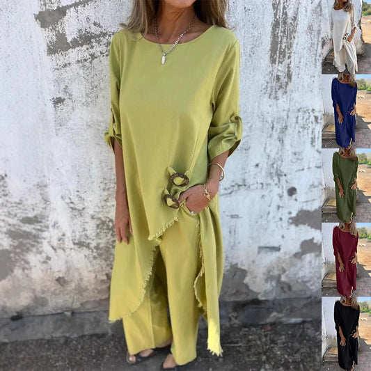 Women's loose irregular long suit set with geometric design and wide-leg trousers