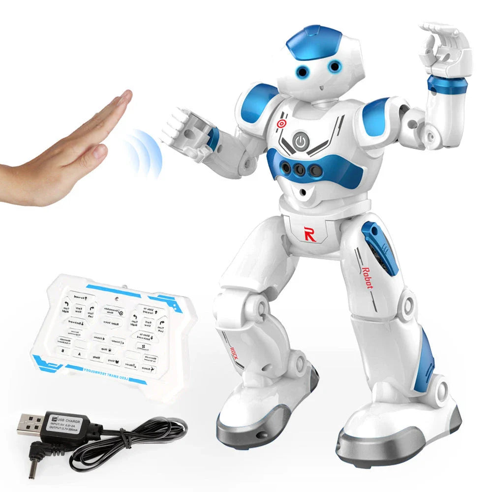 Remote-controlled dancing robot toy with gesture-sensing controls, preprogrammed songs and dances, and customizable programming capabilities