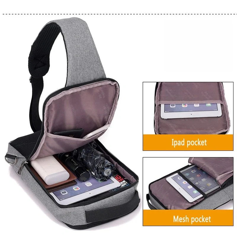 Anti-theft USB charging chest bag in polyester with laptop pocket