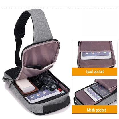 Anti-theft USB charging chest bag in polyester with laptop pocket