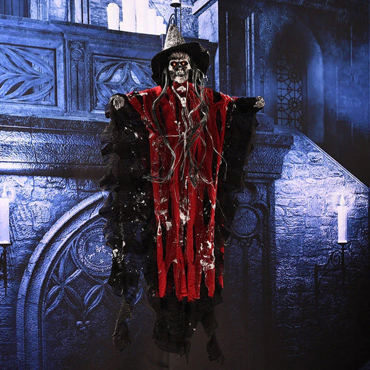 Spooky hanging skeleton ghost with glowing red eyes and haunting cries, perfect for Halloween decor